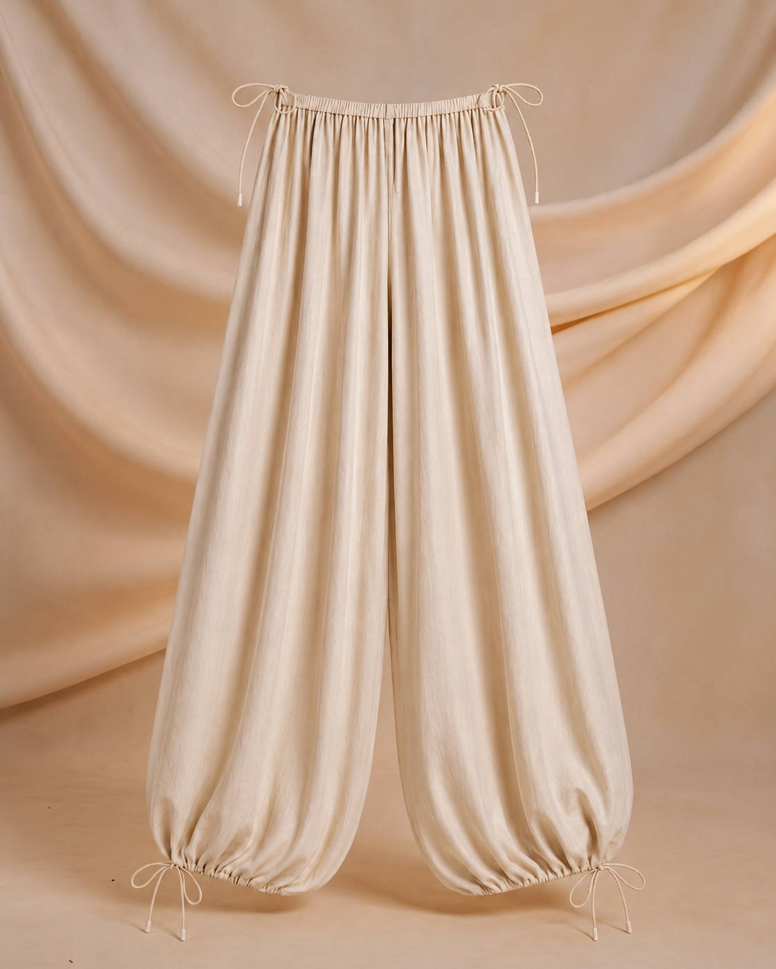 Side profile showing the high waist and wide leg drape
