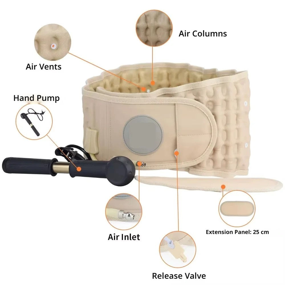 AirLift Back Belt parts: air columns, hand pump, air inlet, valve and extension panel